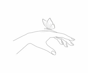 Linear vector Illustration of female hand with butterfly.
Isolated on white background.