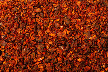 Dried and sun dried tomatoes closeup, flat lay background. Indian and Arabic spices for cooking. Medicinal herbs and condiment.
