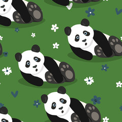 Seamless pattern with cute panda baby on color background. Funny asian animals. Card, postcards for kids. Flat vector illustration for fabric, textile, wallpaper, poster, gift wrapping paper