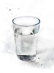 Watercolor glass of water. Realistic painting with kitchen item isolated on white background. Clear fresh water in transparent cup