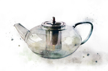 Watercolor teapot of transparent glass. Realistic painting with kitchen item isolated on white background. Light grey shiny tableware 