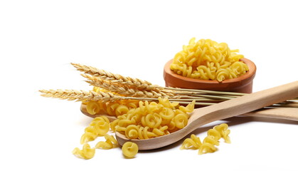 Uncooked durum pasta in wooden spoon, funghetti, wheat ear, bowl isolated on white