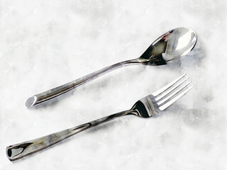 Watercolor metal spoon and fork. Hand drawn realistic illustration with light grey background. Print ready poster with kitchen items. 