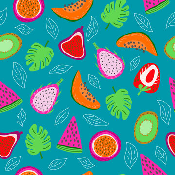 Bright and juicy seamless pattern of tropical fruits on a bright turquoise background. Summer, bright background. Vector illustration.