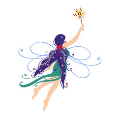Fairy holdind magic wand isolated on white background. Cute vector set. Simple hand drawn illustration ror print and template