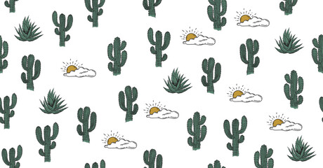 Cactus, sun and aloe hand drawn illustration, vector.	
