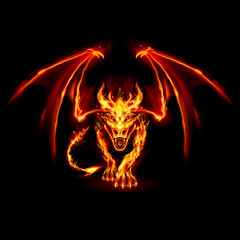 Abstract Illustration of Infuriated Dragon with Fire Flames in Red Color on Black Background for Design
