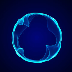 Spherical equalizer for music. Round sound wave of particles. Musical abstract blue background. 3D rendering.
