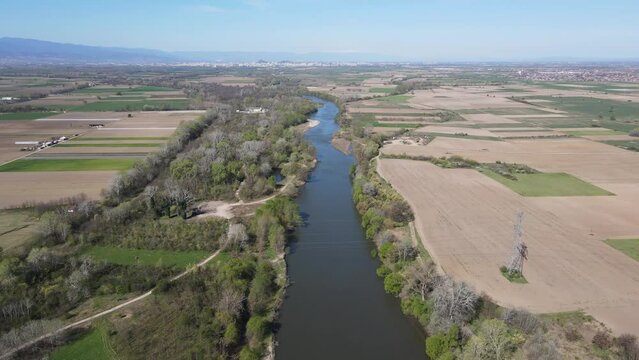 Aerial view of Chepelarska River, pouring into the Maritsa River near city of Plovdiv, Bulgaria