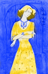 Ukraine yellow blue Watercolor Elegant lady. Vintage llustration .watercolor