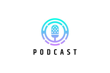 Podcast logo with microphone shape concept inside gradient color wave circle.