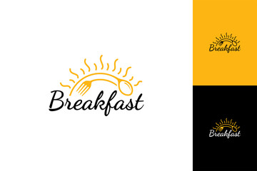 Breakfast typography logo with spoon, fork and sunrise shape. Restaurant icon with breakfast menu, fast food and processed food products. - obrazy, fototapety, plakaty
