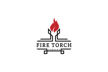 Vintage fire torch emblem badge logo with luxury line ornament