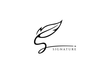 letter s logo with quill ink for classic writing style on paper, symbol of book author, publisher, initials and signature, luxury and elegant line art concept in black on white background. - obrazy, fototapety, plakaty