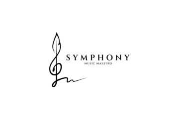Musical note logo with quill ink shape. Symbols of songwriters, classical music, orchestral performances, legendary music and musicians. Luxury and elegant line art concept © cahyo