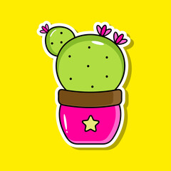 Bright succulent cactus grows pot with flower and glare. Illustration for stickers, books, patterns
