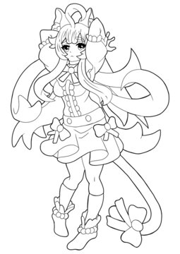 A cute cat girl drawn in the style of Japanese manga comics, she has big cat ears, long hair, a long tail with a big bow at the tip, knee-length stockings, and a flowing skirt with bows. Line art