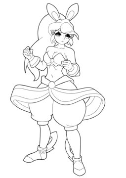 A cute girl with an angry expression on her face in a fighting pose drawn in a manga style outline, she has long hair, wide pants, gloves on her hands, and a decoration in the form of bunny ears.