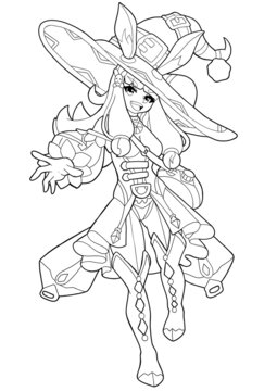 A cute, cheerful girl drawn in the style of Japanese manga comics outline drawing, she has a big hat, big bunny ears, a wizard's coat, long hair, high boots.