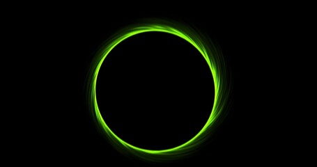 footage green neon portal ring, circle on black background. abstract portal made of particles....