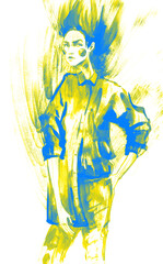 Beautiful Ukraine woman. yellow blue flag. Fashion girl in sketch-style.watercolor illustration. - 508210942