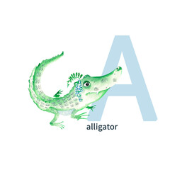 Letter A, alligator, cute kids colorful animals ABC alphabet. Watercolor illustration isolated on white background.