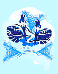 Vector banner with tropical plants, parrots and the inscription Hello Summer. For flyer, poster, print, invitations and more.
