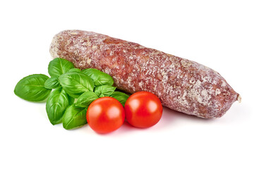 Cured salami sausage, Italian sausage with mold, isolated on white background.