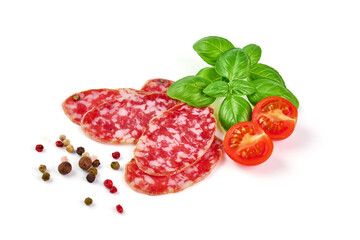 Italian salami with mold, isolated on white background.