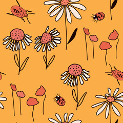 Fototapeta premium cute abstract simple seamless vector pattern illustration with colorful daisy flowers, poppies and red insects on yellow background