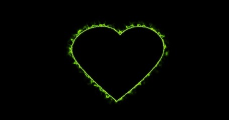 green Fiery heart on a black background. Abstract hot heart shape, flame frame. Gradually, a...