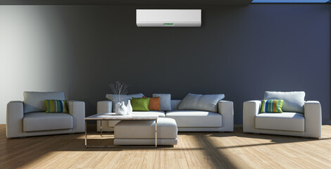 large luxury modern bright interiors living room with air conditioning mockup illustration 3D rendering