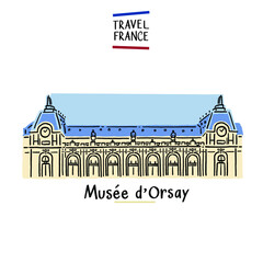 Musee d'Orsay Paris France Art Museum Landmark Architecture Hand drawn Illustration - obrazy, fototapety, plakaty