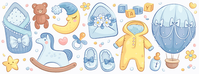 Hand drawn baby boy shower set. Vector illustration of cartoon toys, clothes and flowers isolated on white background © AM_art