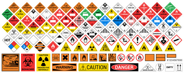 Vector hazardous material signs. Globally Harmonized System warning signs. All classes. Hazmat isolated placards