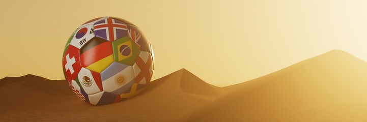 Wüste in Katar mit Fußball voller Länderflaggen