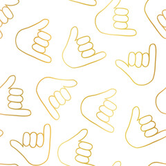 Golden beach vector pattern. Hang loose hand seamless summer background metallic gold foil. Surfing shaka hand repeating pattern. Hang loose hand gesture design for surf shop, beach vibes, Hawaii