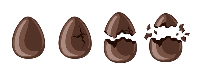 Chocolate eggs set. Broken and whole chicken egg. Sweet easter holiday symbol. Hand drawn vector illustration.
