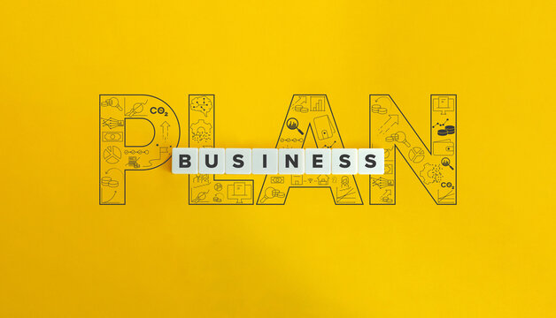 Business Plan Concept and Banner. Letter Tiles on Yellow Background. Minimal Aesthetics.