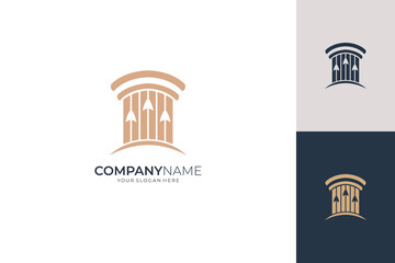 Pillar and three up arrows business logo vector template, simple and flat style