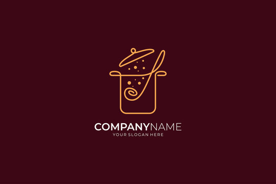 Soup pan and ladle logo, continuous line design style, great for cooking, restaurant, kitchen and recipe logo templates
