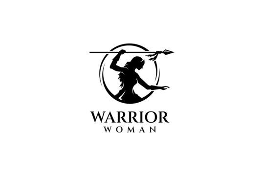 Warrior woman logo holding spear, wonder woman symbol, amazon tribe vector, athens icon, silhouette design style, flat, organic, adult, literal and classic, color black on white background