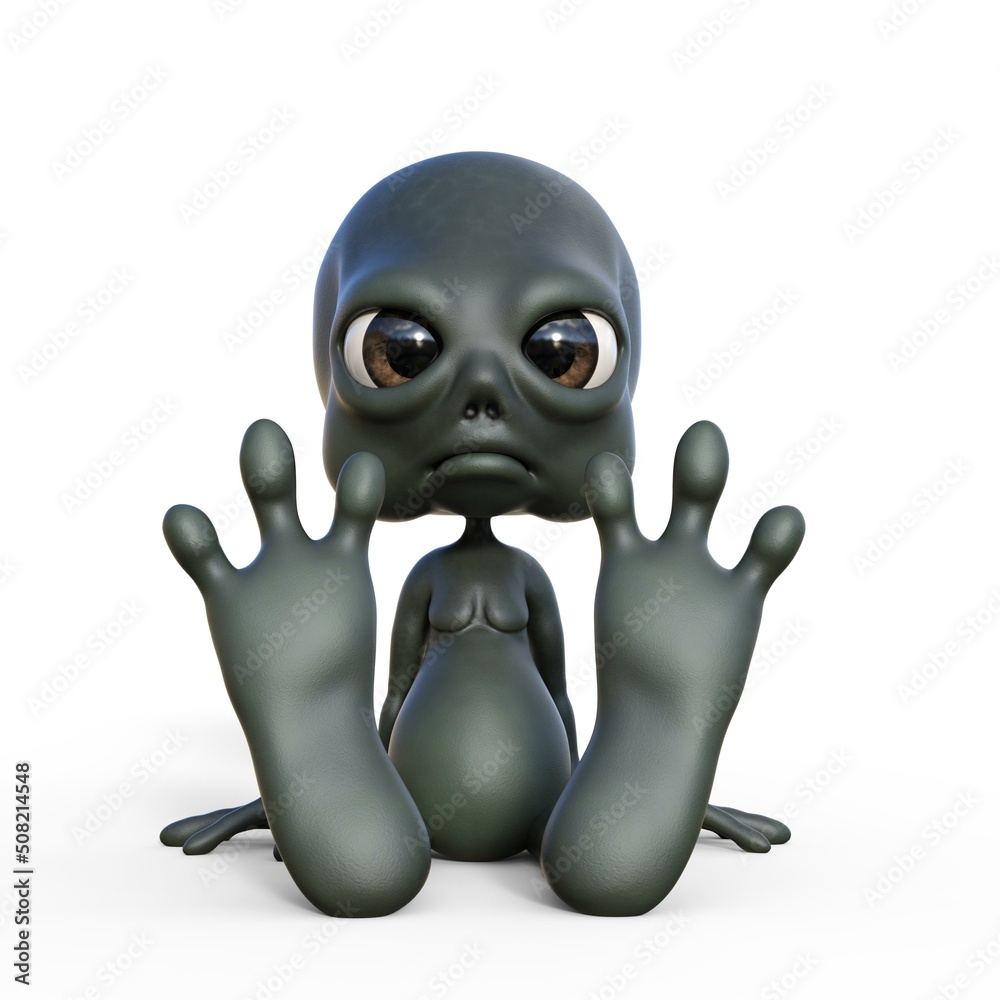 Wall mural 3d-illustration of a cute and funny sitting cartoon alien