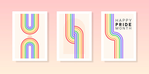 Happy Pride month banners as mid century modern posters with lgbt rainbows. Minimalist geometric banner with scandinavian boho aches. Concept of human equality, rights violation fight