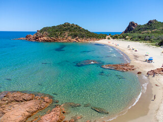 view from the drone of Su Sirboni beach, Sardinia. Marina di Gairo. Crystal clear waters with white...