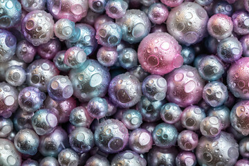Beautiful background with nacreous dark pearls, top view. Abstract texture for festive backgrounds. Shiny multicolored dark surface of Christmas decorations. Gems close-up. Black bright background.