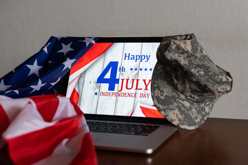 Independence day inscription over USA flag. 4 july card with words over american flag. military cap.