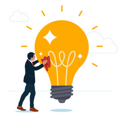 Smart entrepreneur cleans and polishes light bulb for best quality idea. Polishing idea or finalize to be perfect and best quality result, attention to details, craftsmanship concept. - obrazy, fototapety, plakaty