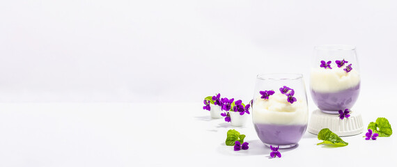 Vegan panna cotta dessert with fresh violet flower. Striped very peri color food, trendy stand