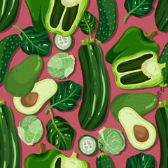 Vector illustration. Healthy green food. Zucchini, avocado, bell pepper, spinach, cucumber, brussels sprouts. Handmade, dark  background, seamless pattern